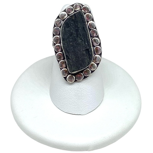 Black Tourmaline Ring Size 6 925 Sterling Silver Overlay Raw Rough Stone - Picture 1 of 7